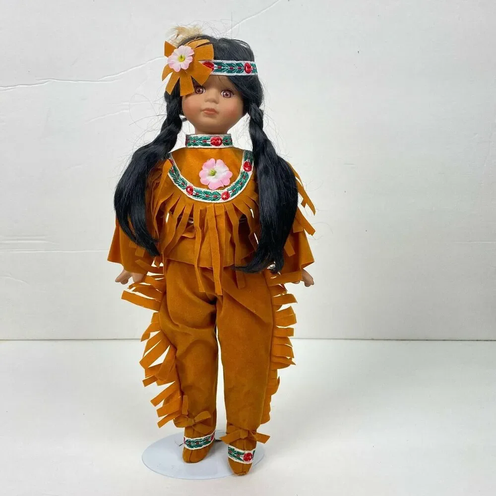 Native American Porcelain Girl Doll Fringe Pants & Top Embroidery Trim 14